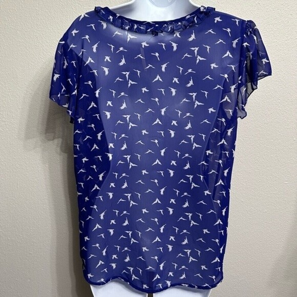 Lily Rose Size XL Sheer Royal Blue Blouse With White Bird Print - Picture 8 of 11